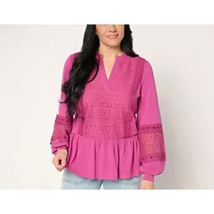 LOGO Lavish Fuchsia Lace Peplum Tunic Top Size S Long Sleeve Cotton Blend